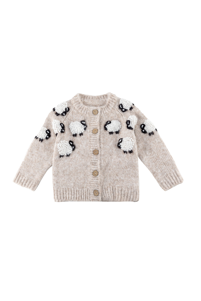 A beige knit cardigan sweater for babies, featuring knitted sheep motifs on the front and sleeves, with a button-up front.