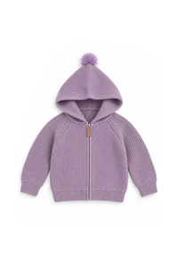 A lavender purple ribbed knit zip-up hoodie with a matching pom-pom on the hood, displayed flat against a solid white background.