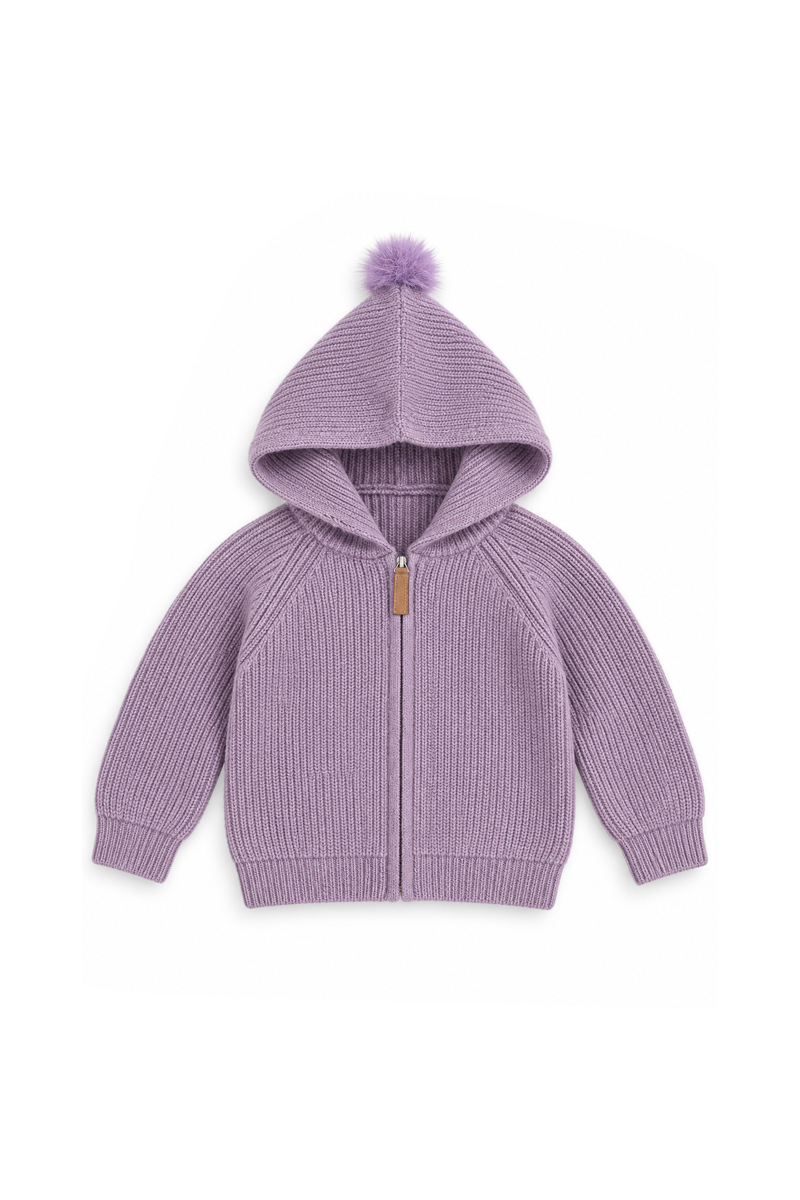 A lavender purple ribbed knit zip-up hoodie with a matching pom-pom on the hood, displayed flat against a solid white background.