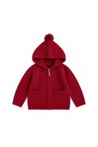 A red ribbed knit zip-up hoodie with a matching pom-pom on the hood, displayed flat against a solid white background.