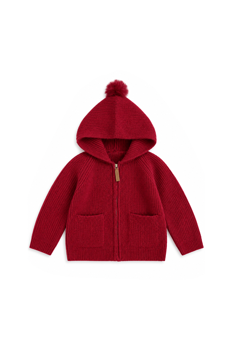 A red ribbed knit zip-up hoodie with a matching pom-pom on the hood, displayed flat against a solid white background.