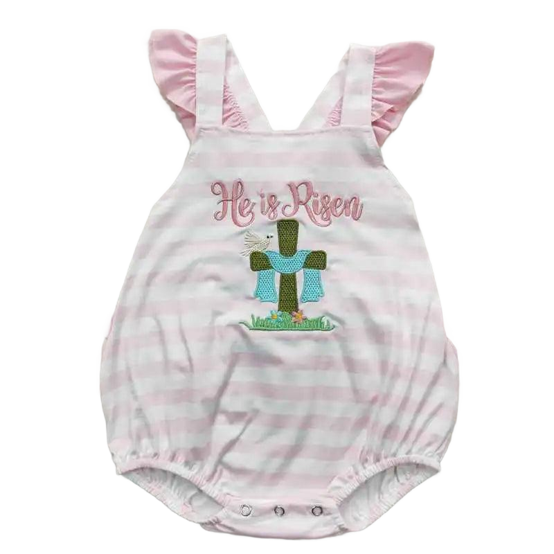 "He Is Risen" Pink Striped Baby's Romper