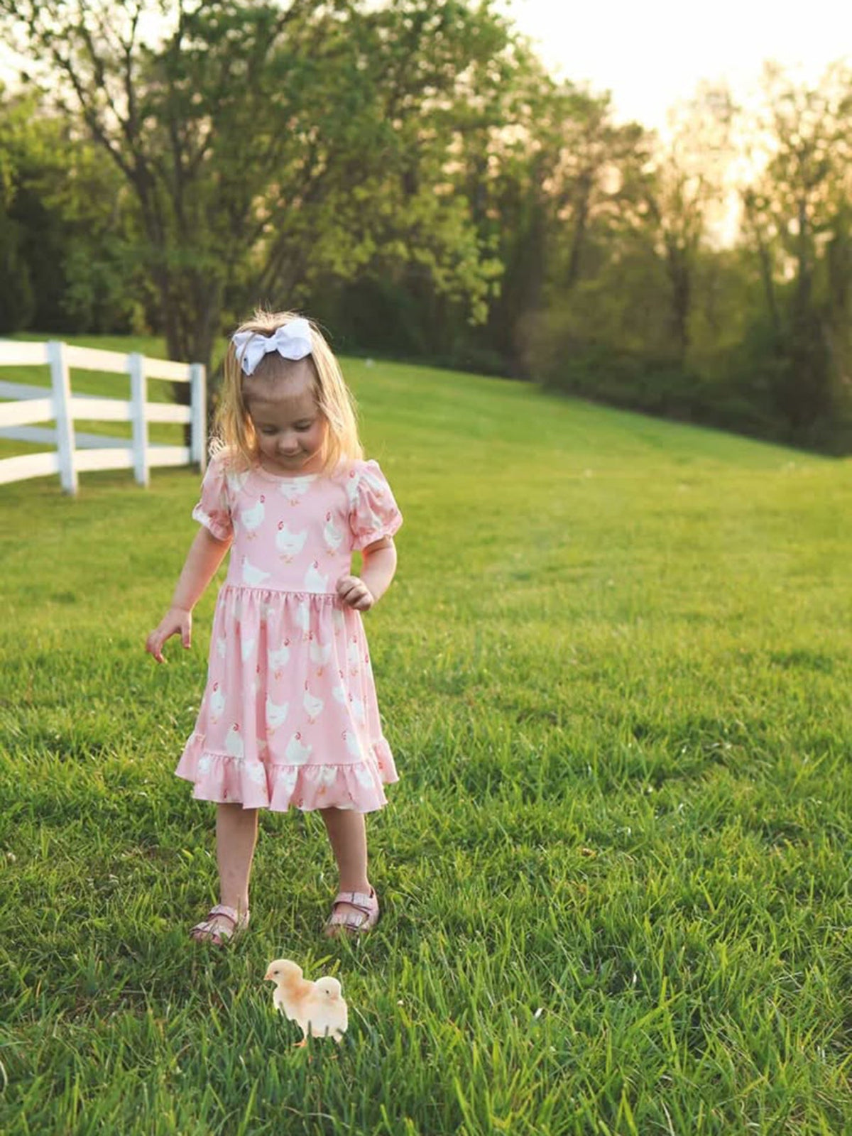 Cute Farm Spring Girls Chicken Print Dress Ruffle In Pink featuring soft fabric, designed for all-day comfort.