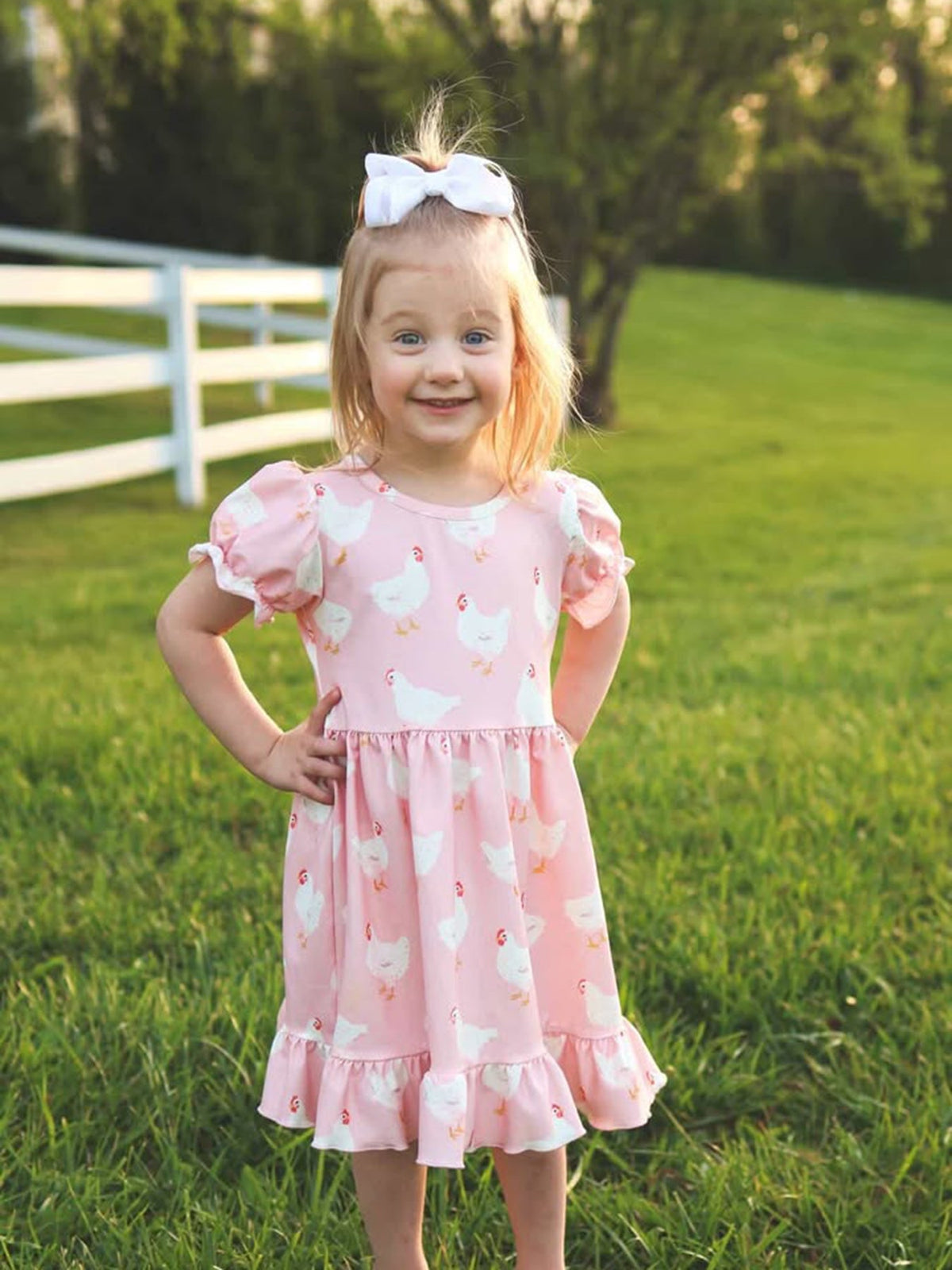 Farm Spring Girls Chicken Print Dress Ruffle In Pink showcasing playful chicken design, perfect for spring outfits.