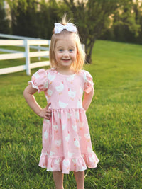 Farm Spring Girls Chicken Print Dress Ruffle In Pink showcasing playful chicken design, perfect for spring outfits.