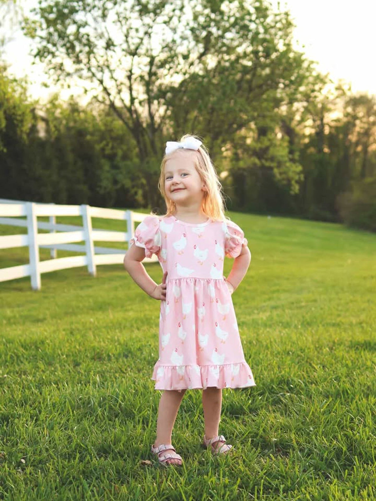 Adorable Farm Spring Girls Chicken Print Dress Ruffle In Pink, ideal for Easter celebrations and farm-themed parties.