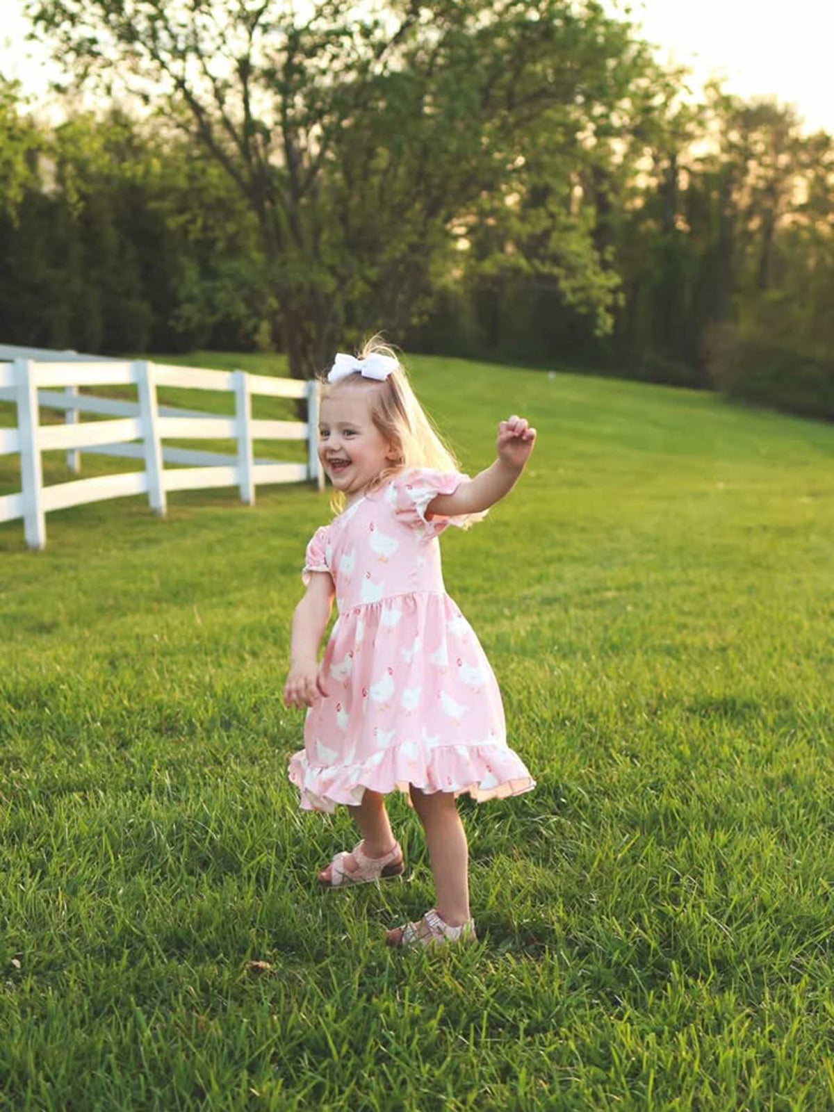 Versatile Farm Spring Girls Chicken Print Dress Ruffle In Pink, perfect for twirling and playing on warm spring days.