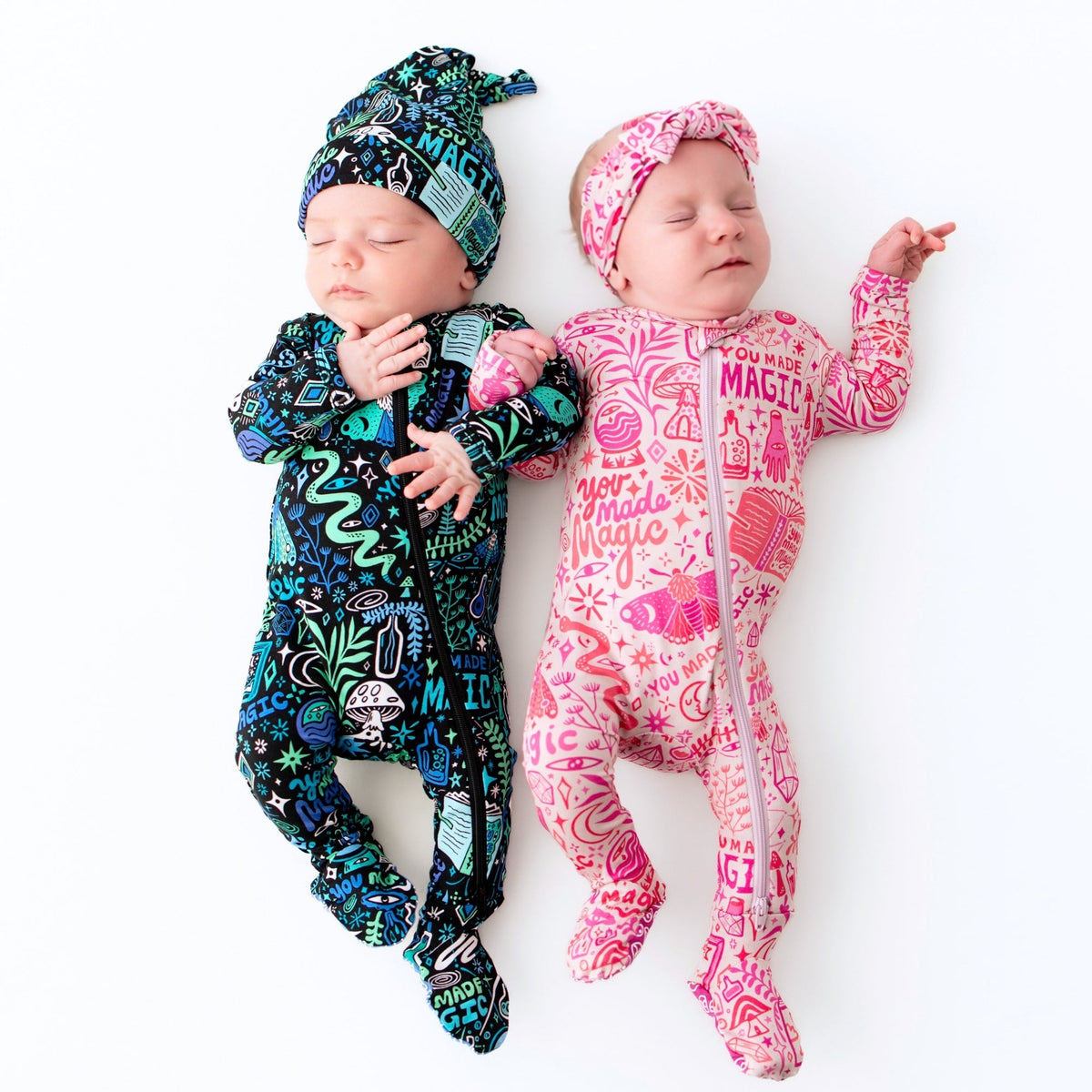 The Second-Skin Bamboo Zippered Footie | Mystic Mama with fold-over mittens for newborns, ensuring warmth and protection for delicate skin.
