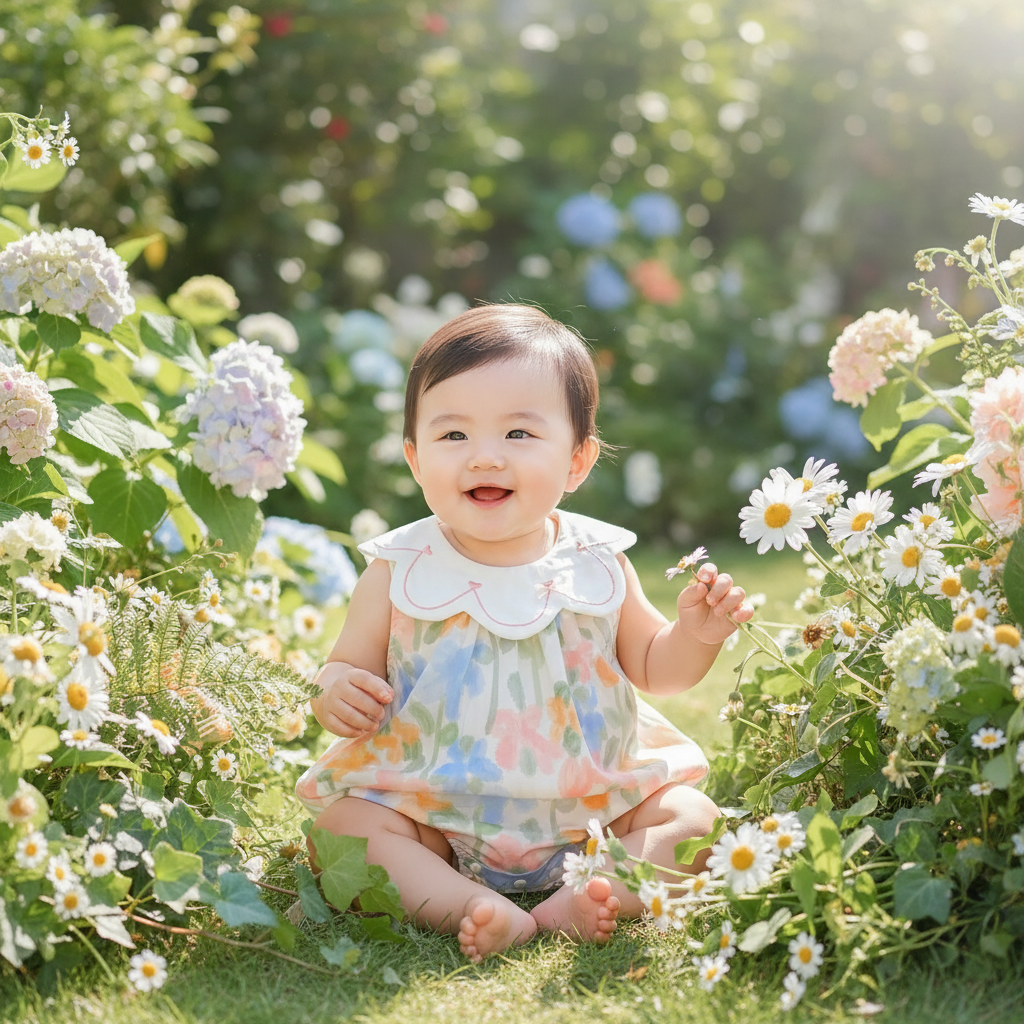 A joyful baby girl dressed in the 'Baby Selena' baby floral romper with an embroidered collar, sitting amongst vibrant flowers in a garden, showcasing the charming and stylish outfit perfect for any occasion.