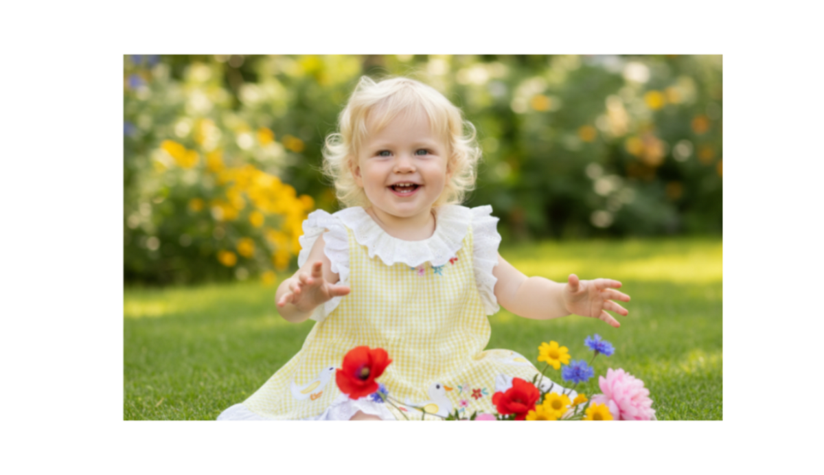 Child in a yellow dress sitting on grass with flowers