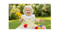 Child in a yellow dress sitting on grass with flowers