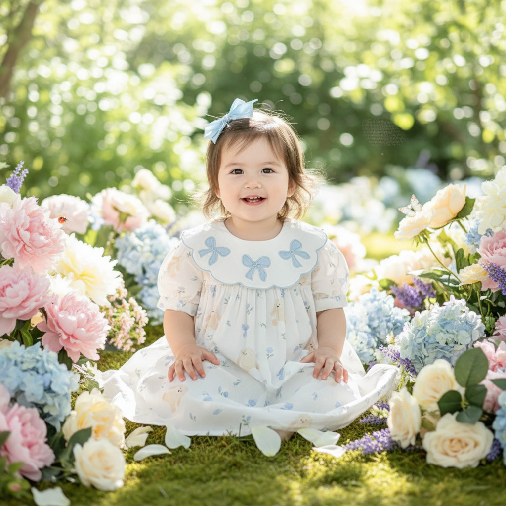 A happy girl wearing the 'Precious Bows and Flowers' Embroidered Flower Dress in a sunlit garden, surrounded by colorful pastel flowers, showcasing the dress's cute bow and flower details.