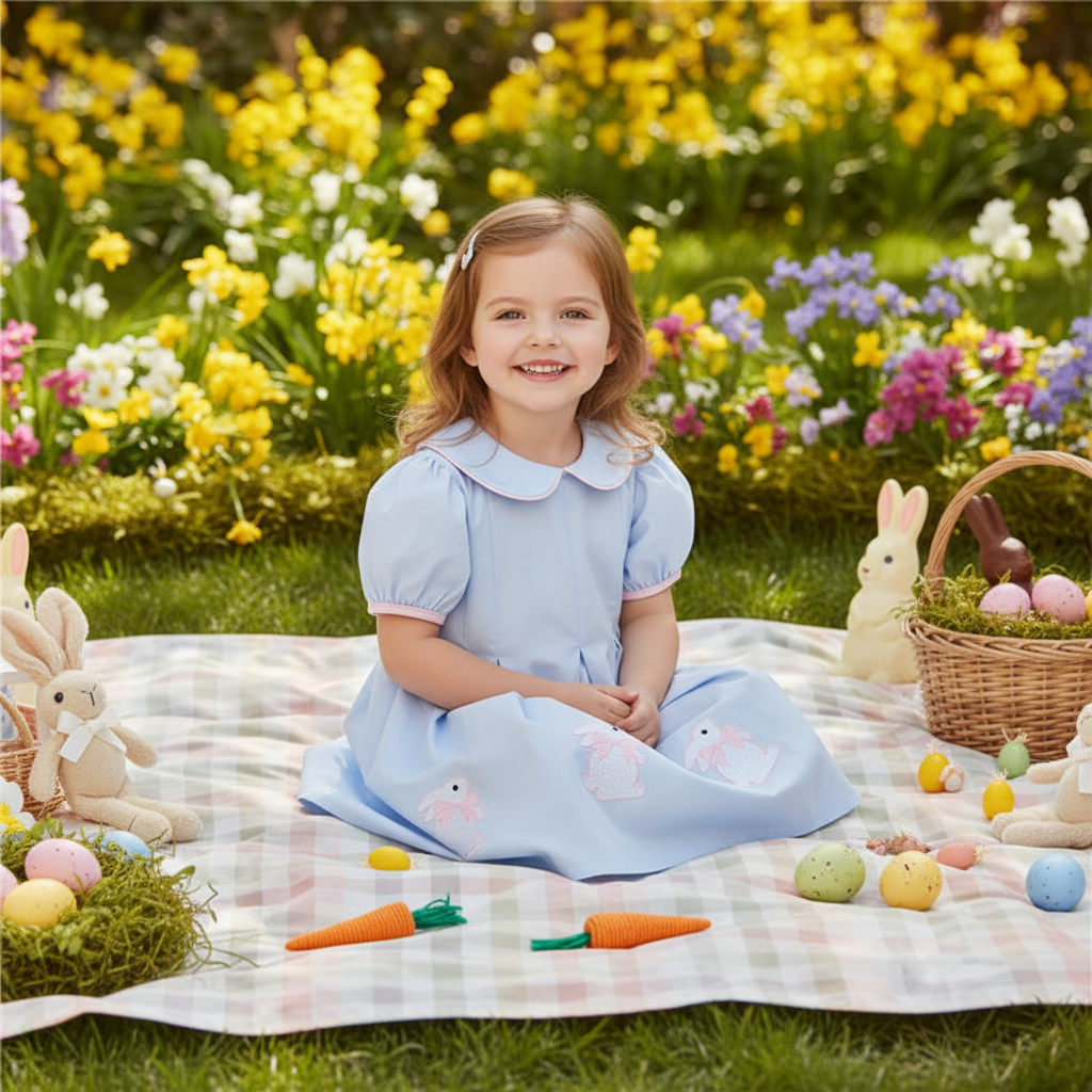 Hoppin' Fun Peter Pan Collared Dress Bunny Appliques In Boca Blue - The Palm Beach Baby Estimated 12 - 20 Day Shipping