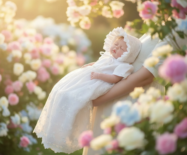 Hand-Embroidered Christening Gown Set for Babies aged 3-9 months, featuring a sleepy infant in a beautiful gown and bonnet, surrounded by colorful flowers in an outdoor setting.