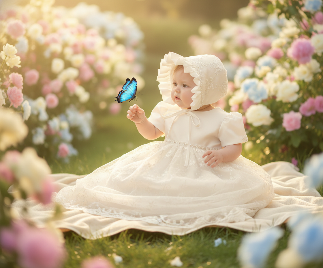 Hand-Embroidered Christening Gown Set for Babies 3-9 mos., featuring a baby girl in a beautiful gown and matching bonnet, surrounded by flowers in a serene garden setting.