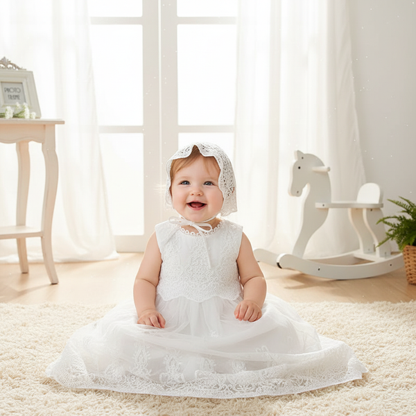 Jessica-Ann Lace Baptism Dress & Bonnet For Girls, featuring a beautiful lace baptism dress with scalloped hem and matching bonnet, perfect for special occasions.