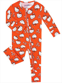 Orange Hello Kitty baby romper with white faces and red bows, featuring fold-over mittens and a central front zipper.