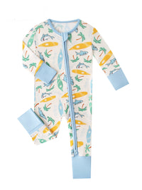 Children's onesie with beach-themed print on a white background