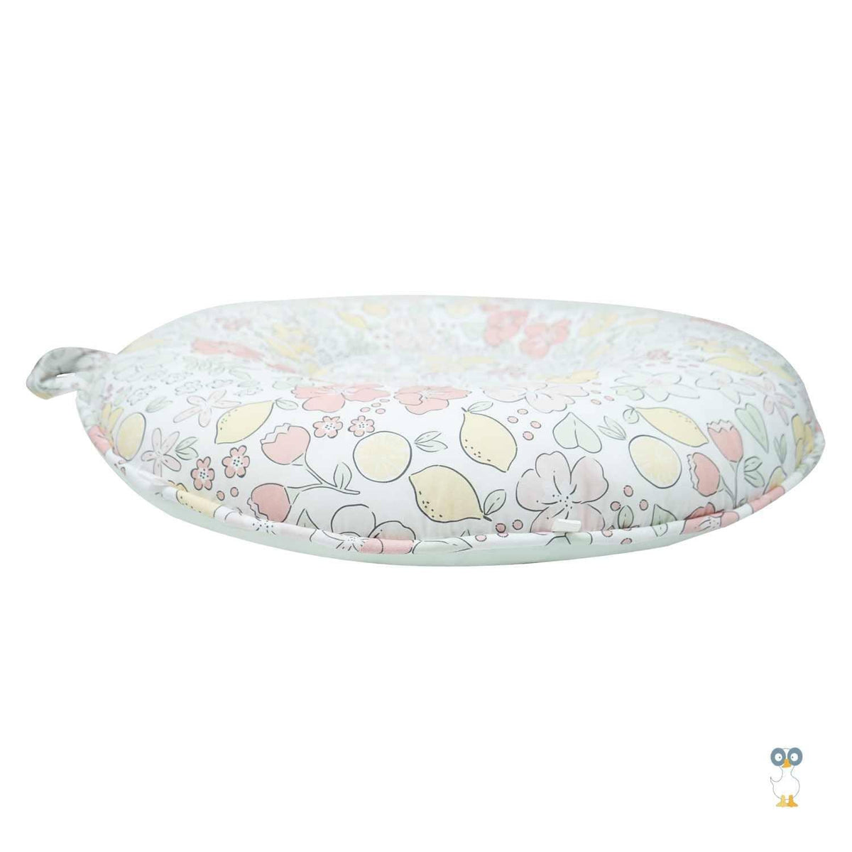 Goosewaddle floor cushion round pillow with pastel floral and lemon print on soft cotton fabric