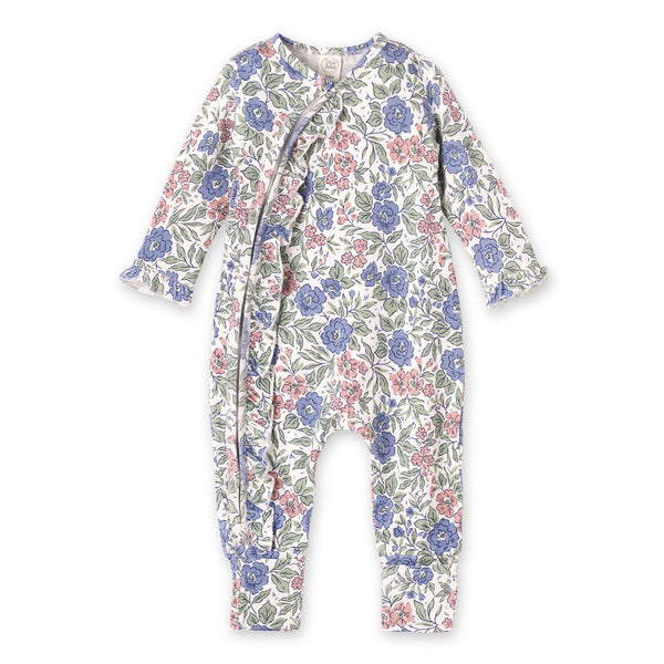 Vintage floral baby romper with front zipper and ruffles. Soft bamboo-spandex blend in blue and pink Florabelle print for comfort.