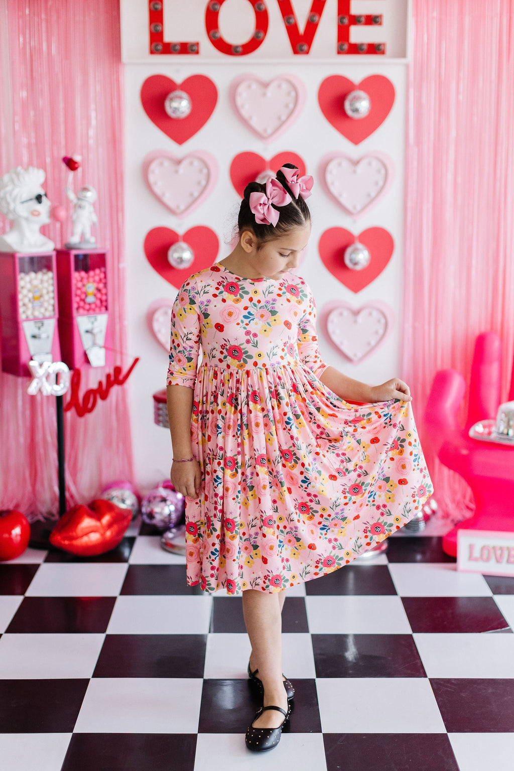 Bouquet Beauty 3/4 Sleeve Pocket Twirl Dress for Girls by Mila & Rose featuring playful twirl design, soft material, and a stylish scoop back, perfect for all occasions.