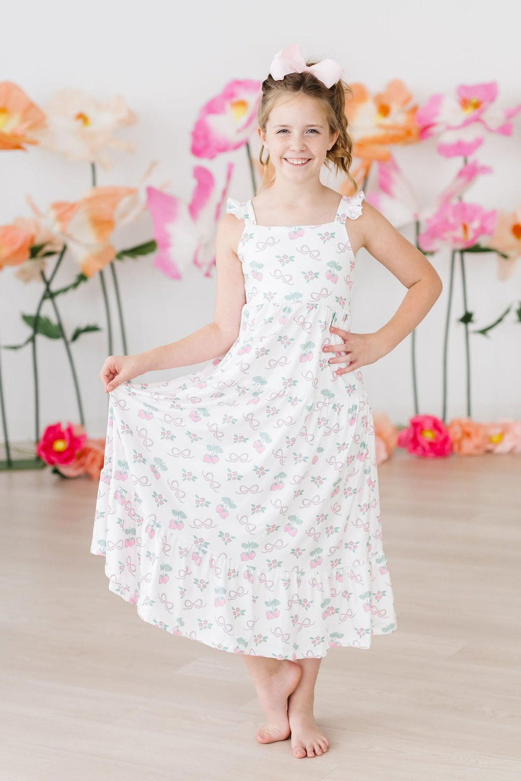 Berries & Bows Ruffle Maxi Dress featuring shoulder ruffle details, perfect for summer outings.