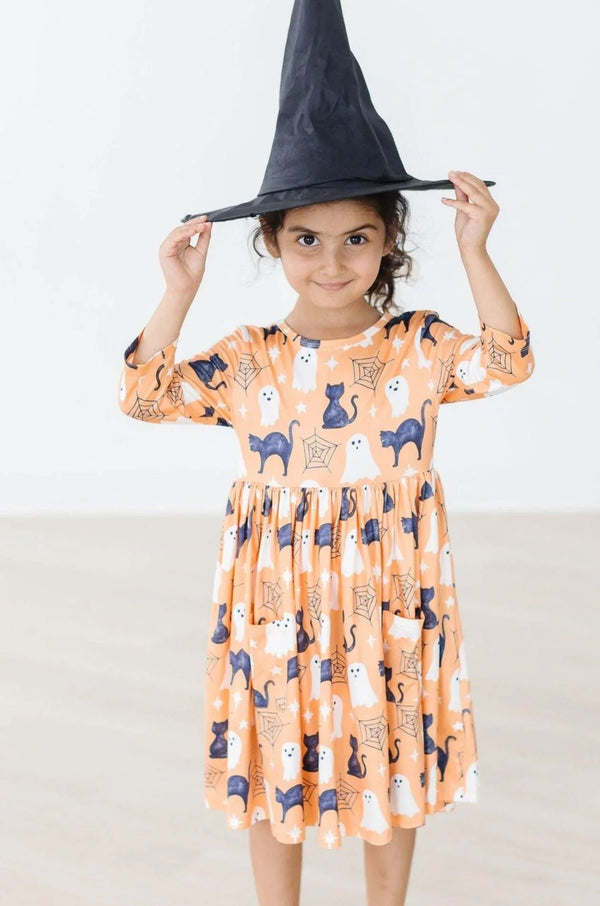 Mila & Rose® Spooky Kitty 3/4 Sleeve Twirl Dress with Pockets for Girls - The Palm Beach Baby