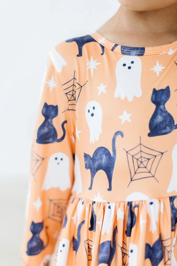 Mila & Rose® Spooky Kitty 3/4 Sleeve Twirl Dress with Pockets for Girls - The Palm Beach Baby