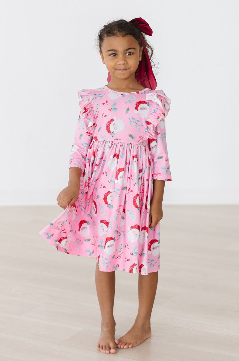 Jolly Old Saint Nick 3/4 Sleeve Ruffle Twirl Dress - Pink