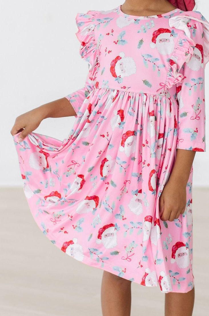 Jolly Old Saint Nick 3/4 Sleeve Ruffle Twirl Dress - Pink