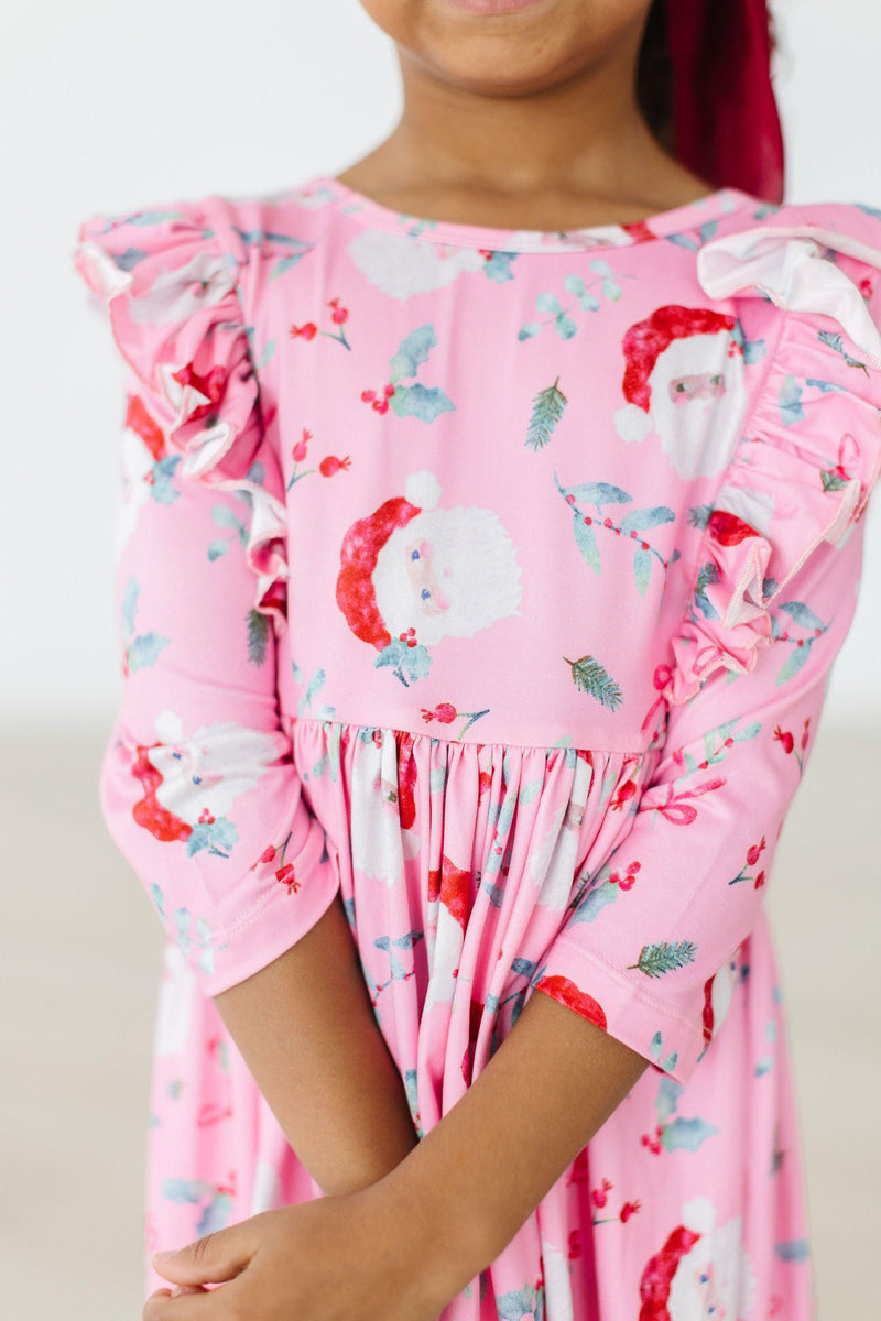 Jolly Old Saint Nick 3/4 Sleeve Ruffle Twirl Dress - Pink