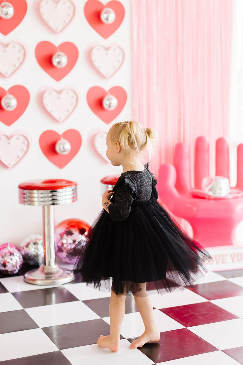Black Shimmer 3/4 Sleeve Tutu Dress by Mila & Rose, perfect for special occasions with its enchanting design and delightful flutter sleeves.