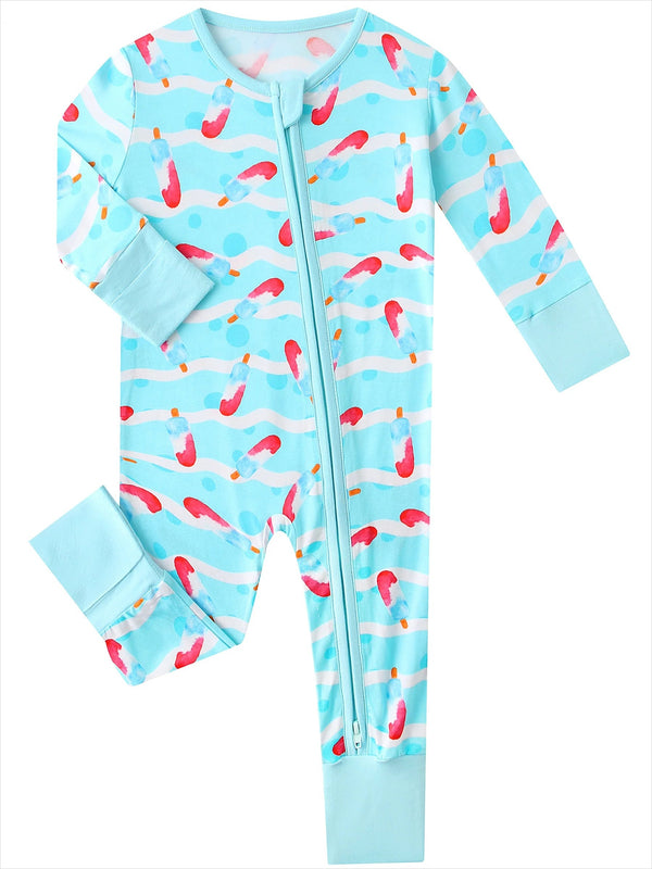 Children's onesie with flamingo pattern on a light blue background