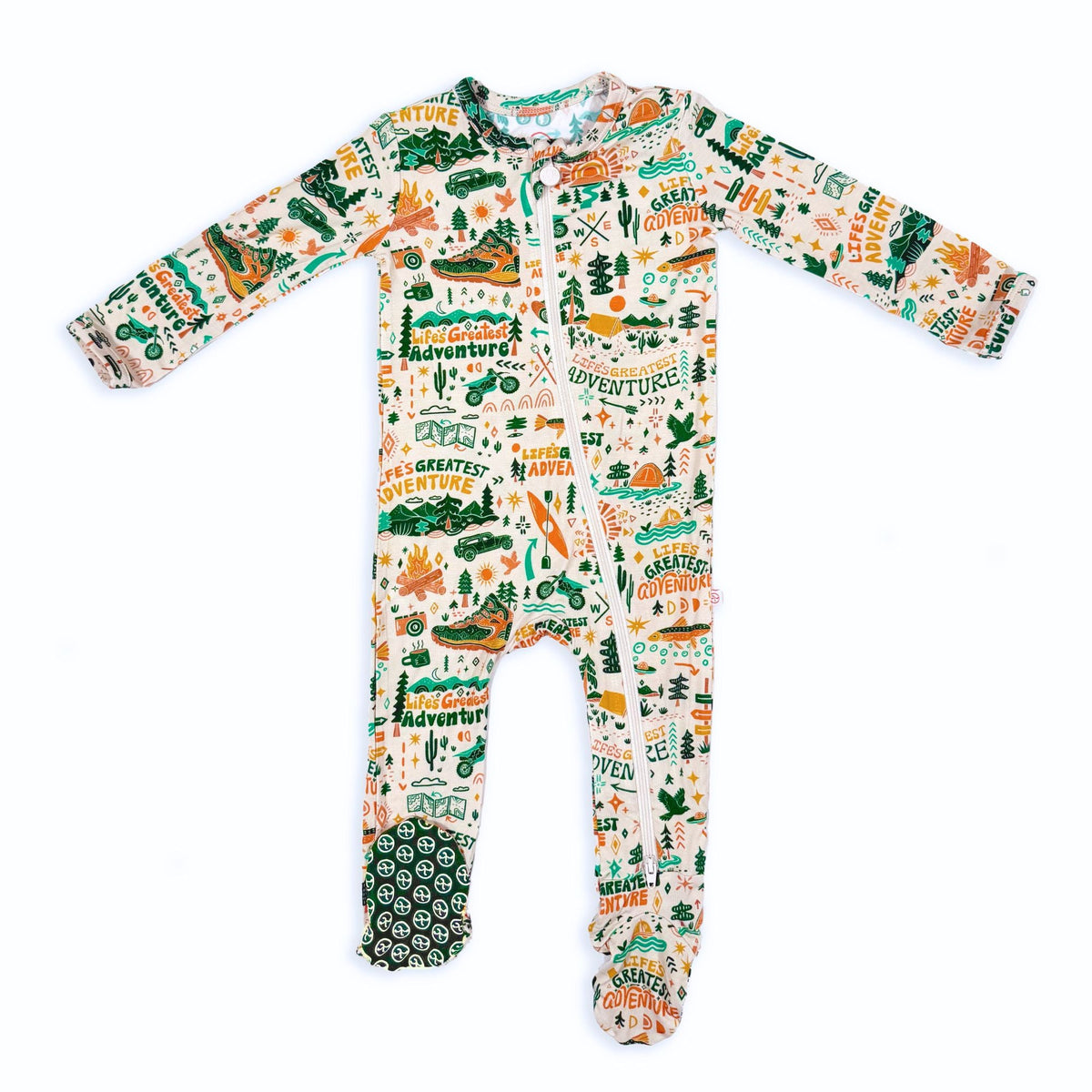 Children's onesie with adventure-themed print on a white background