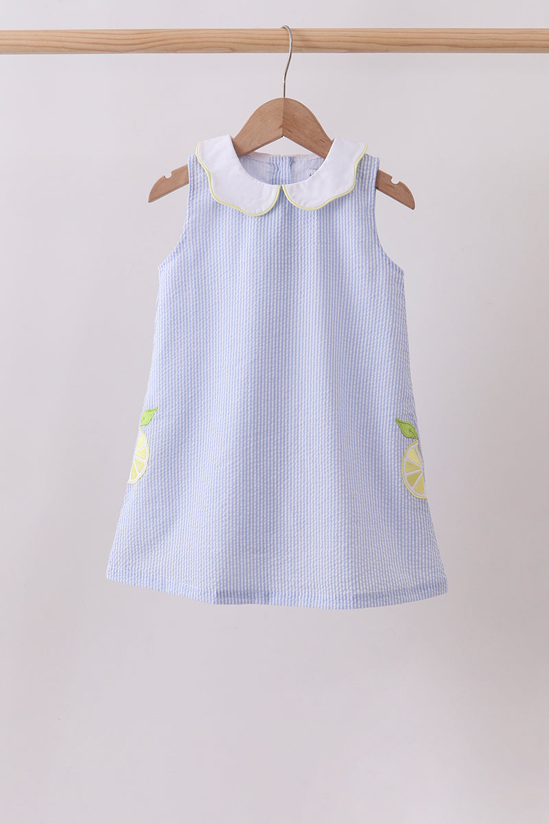 Blue Stripe Seersucker Lemon Applique Dress For Girls - The Palm Beach Baby