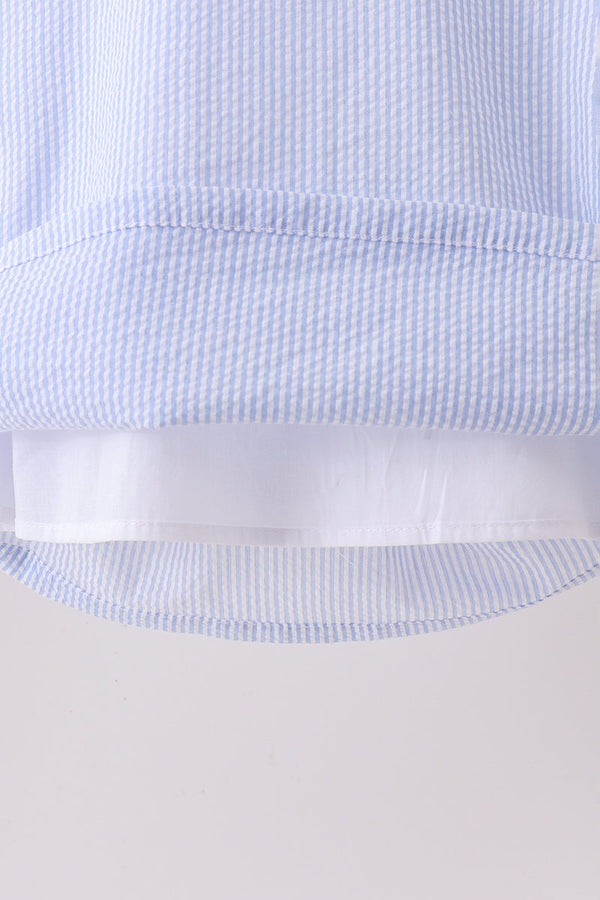 Blue Stripe Seersucker Lemon Applique Dress For Girls
