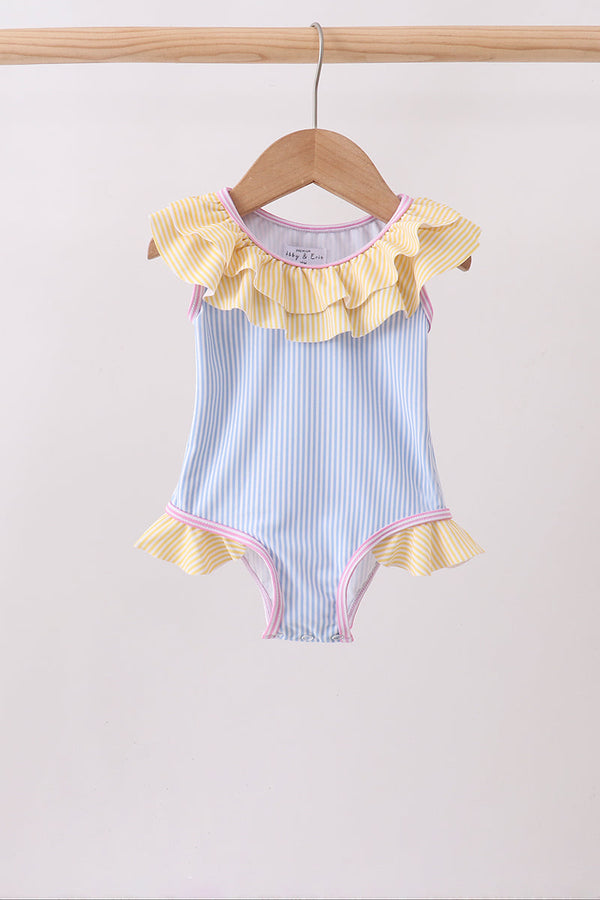 Kids' blue stripe ruffle one-piece swimsuit with yellow neckline and leg ruffles, pink trim.