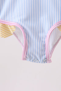 Blue stripe ruffle one-piece swimsuit