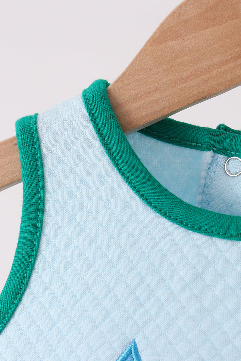 Light blue checkered bubble with green trim collar and metal snap on wooden hanger