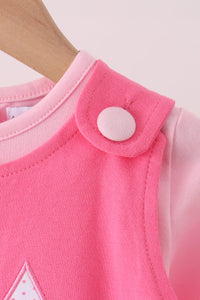 Pink Jack-O-Lantern applique dress set shoulder detail showing snap button and pumpkin stitch on 2pc Halloween outfit.