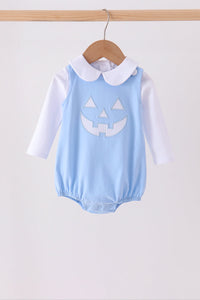 Blue Jack-O-Lantern applique bubble set with white collar and long sleeves, perfect for festive Halloween celebrations.