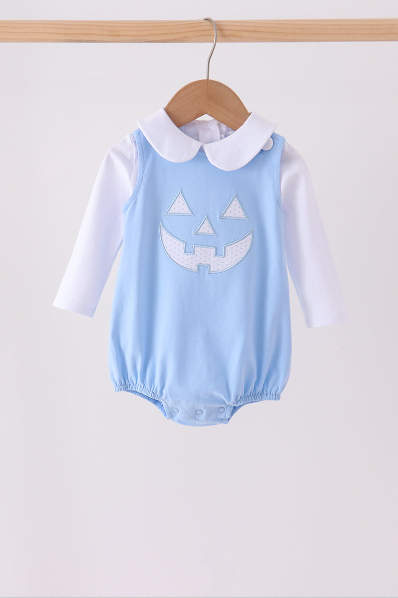 Blue Jack-O-Lantern applique bubble set with white collar and long sleeves, perfect for festive Halloween celebrations.