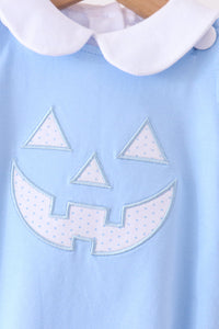 Blue Jack-O-Lantern applique bubble set with white collar, soft cotton Halloween outfit for festive celebrations and photo sessions.