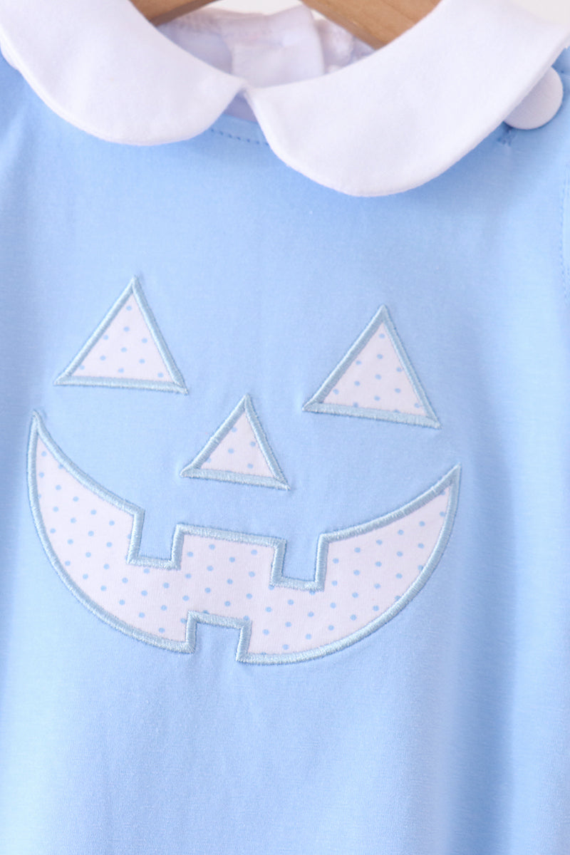 Blue Jack-O-Lantern applique bubble set with white collar, soft cotton Halloween outfit for festive celebrations and photo sessions.