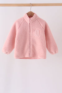 Soft pink fleece jacket with full-length zipper and zippered chest pocket, perfect for cozy layering on cool days.