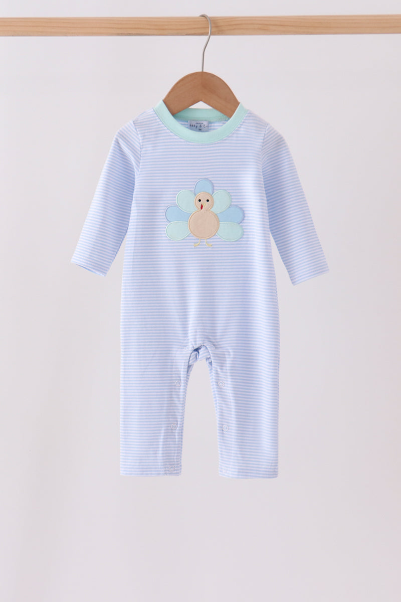 Blue striped baby romper featuring a cute turkey applique on the chest, with long sleeves and snap button legs for easy comfort.