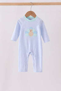 Blue striped baby romper featuring a cute turkey applique on the chest, with long sleeves and snap button legs for easy comfort.