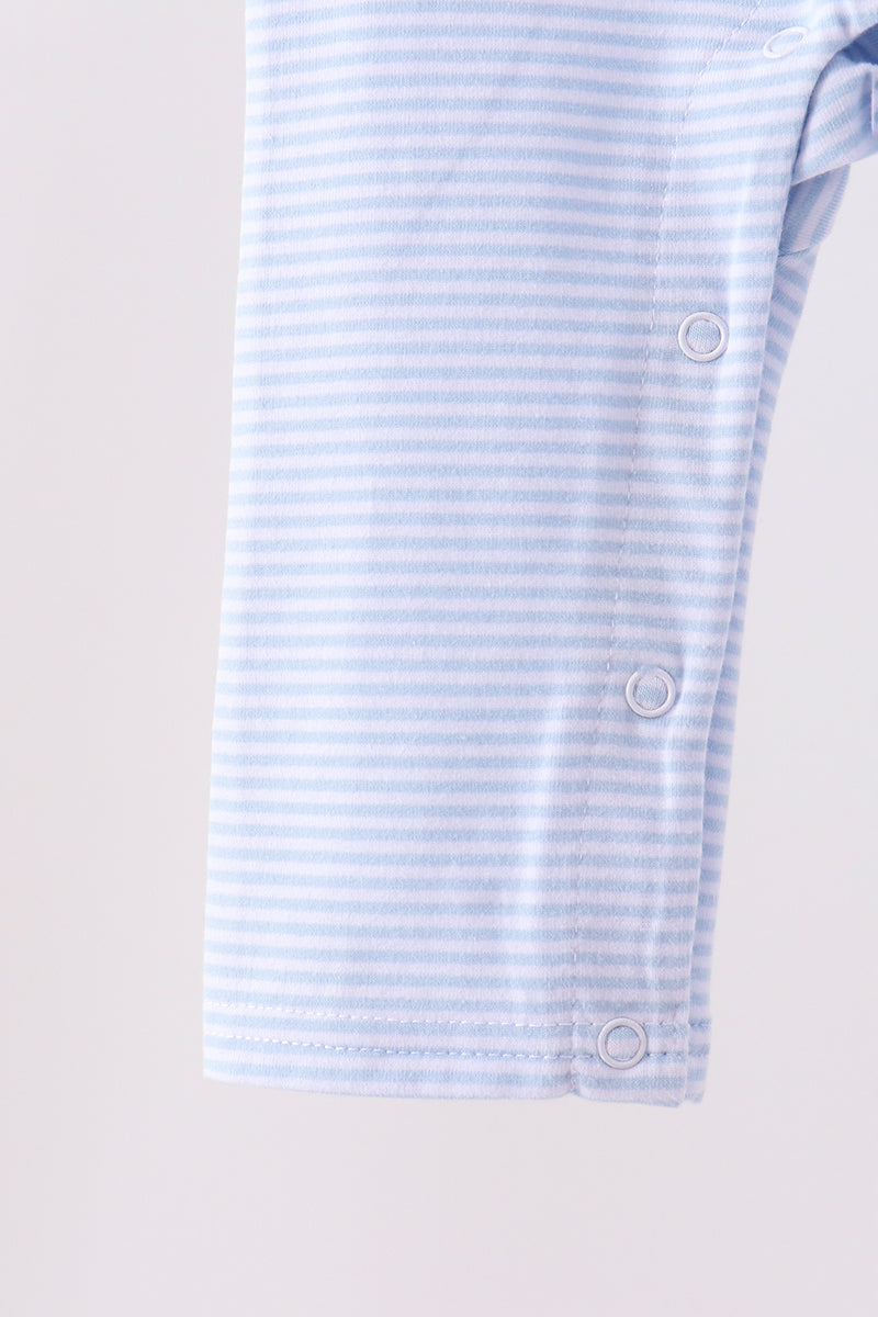 Blue and white striped baby romper leg with side snap buttons for comfortable dressing and easy diaper changes.