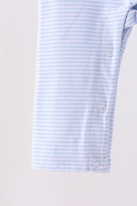 Blue and white striped baby romper leg with side snap buttons for comfortable dressing and easy diaper changes.