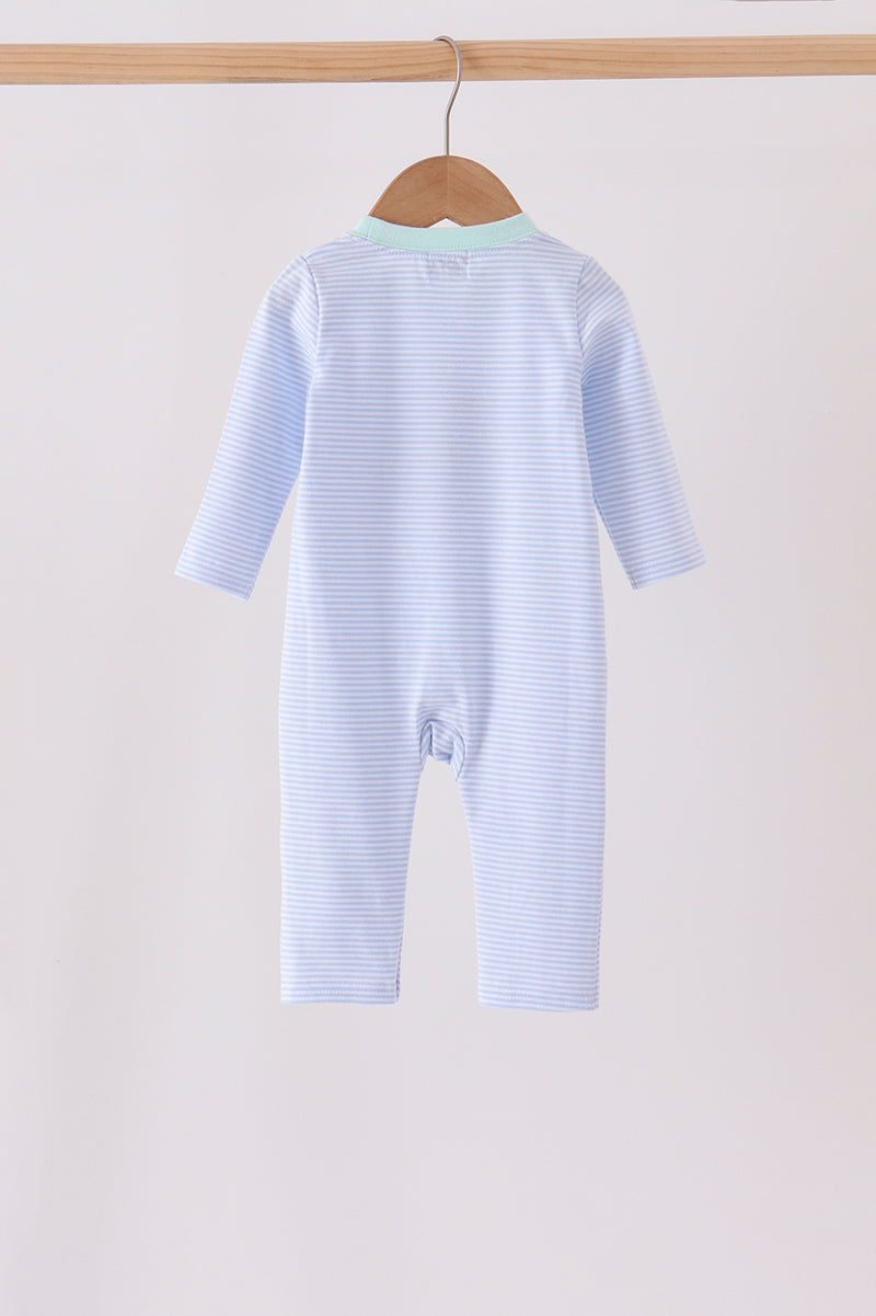 Back view of blue stripe baby romper with mint collar hanging on wooden hanger. Comfortable long-sleeve fit for casual wear.